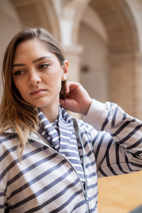 Sweat Capuche Zippé "LAGON" mixte (rayé Blanc/Gris Bleu) – Image 3