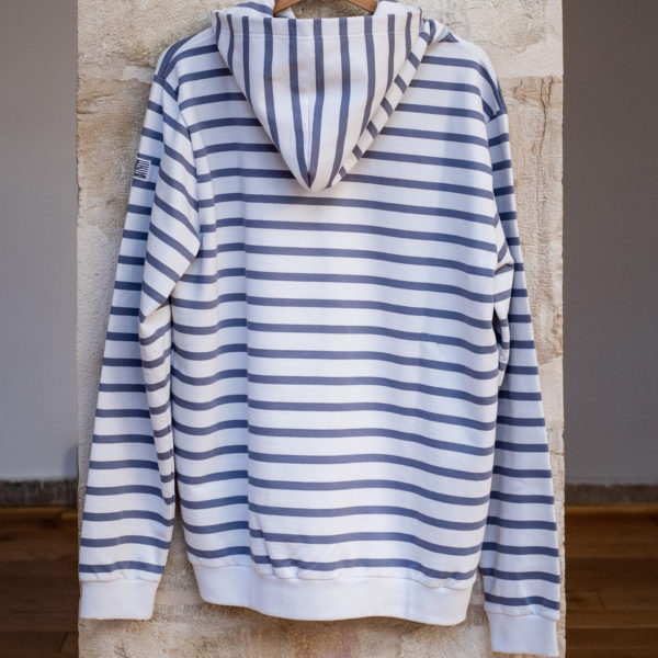 Sweat Capuche Zippé "LAGON" mixte (rayé Blanc/Gris Bleu) – Image 7