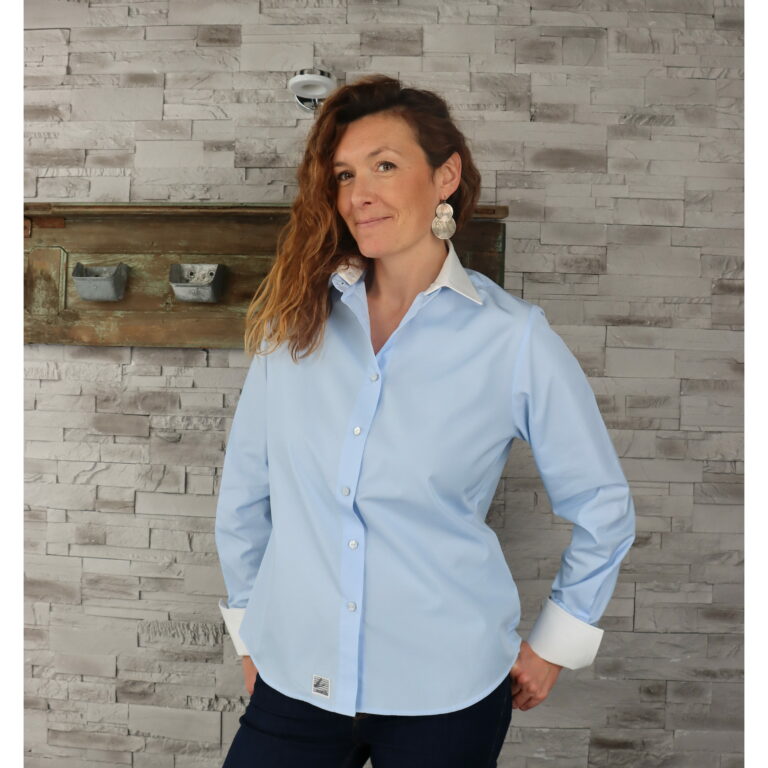 Chemise Mao femme Bleu Clair + Col & Poignets Napolitain amovibles Blanc