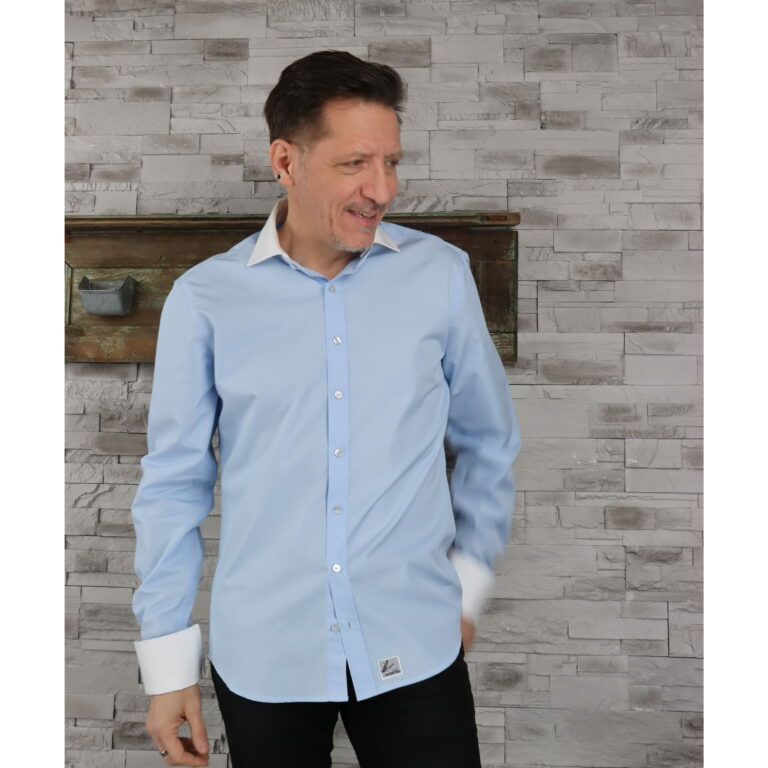 Chemise Mao homme Bleu Clair  + Col & Poignets Napolitain amovibles Blanc