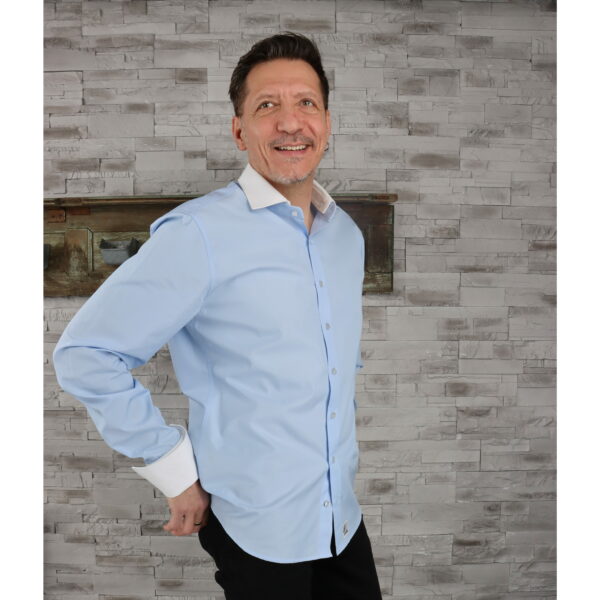 Chemise Mao homme Bleu Clair  + Col & Poignets Napolitain amovibles Blanc – Image 5