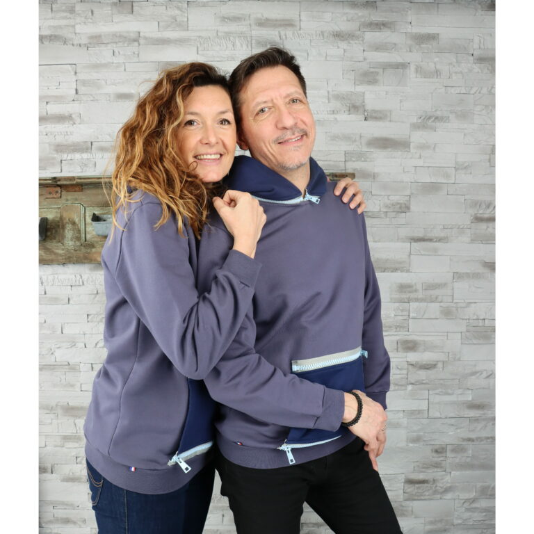 Sweat “INDUS” mixte Gris Foncé + Capuche & Poche Bleu Marine