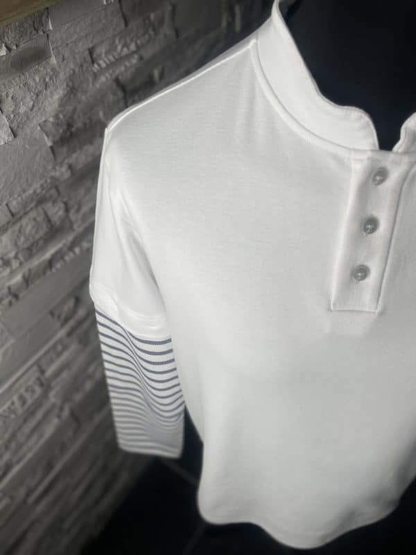 Polo Homme Blanc & Manches Longues Rayées Blc-Gris Bleu – Image 3