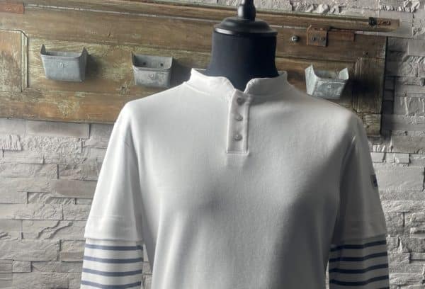 Polo Homme Blanc & Manches Longues Rayées Blc-Gris Bleu – Image 2