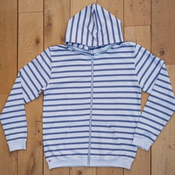 Sweat Capuche Zippé "LAGON" mixte (rayé Blanc/Gris Bleu) – Image 8